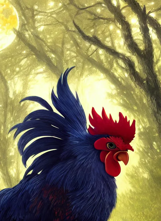 Image similar to close - up portrait of a beautiful anime rooster in front of the full big moon in a fantasy forest, by james gurney, max liebermann, greg rutkowski, highly detailed digital art, artstation