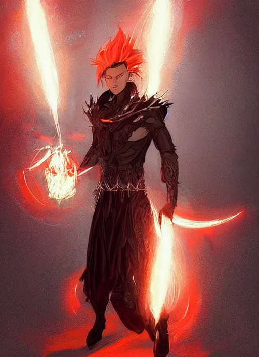 Image similar to character concept portrait of a handsome young dark wizard with olive skin and buzzed short spiky hairstyle casting a dark magic spell with red and orange glowing runes, a floating iridescent spell book, intricate, elegant, digital painting, concept art, smooth, sharp focus, illustration, from Metal Gear, by Ruan Jia and Mandy Jurgens and Artgerm and William-Adolphe Bouguereau