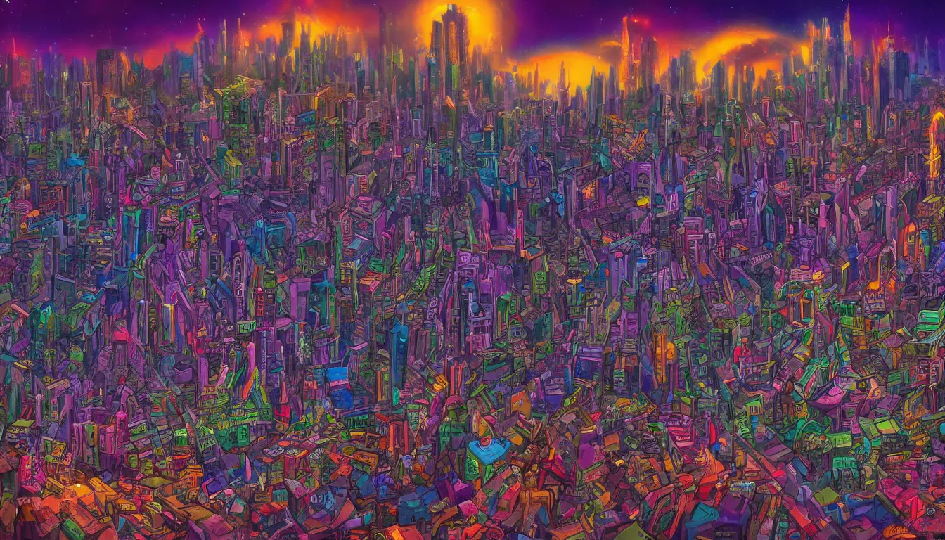 Image similar to surreal colorful nightmarish cityscape, 4k artwork by Ralph Bakshi