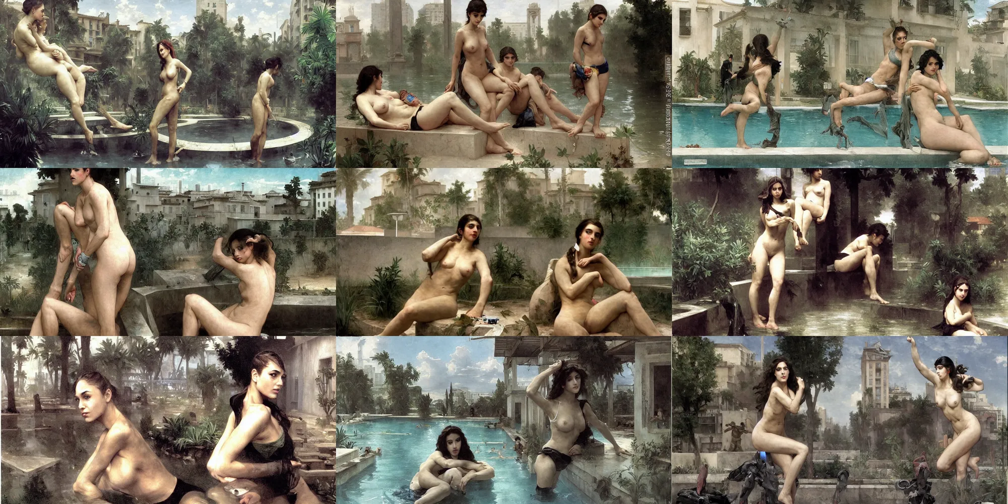 Prompt: nataliabasilio by a swimming pool in post-apocalyptic urban environment, very detailed, art by Bouguereau