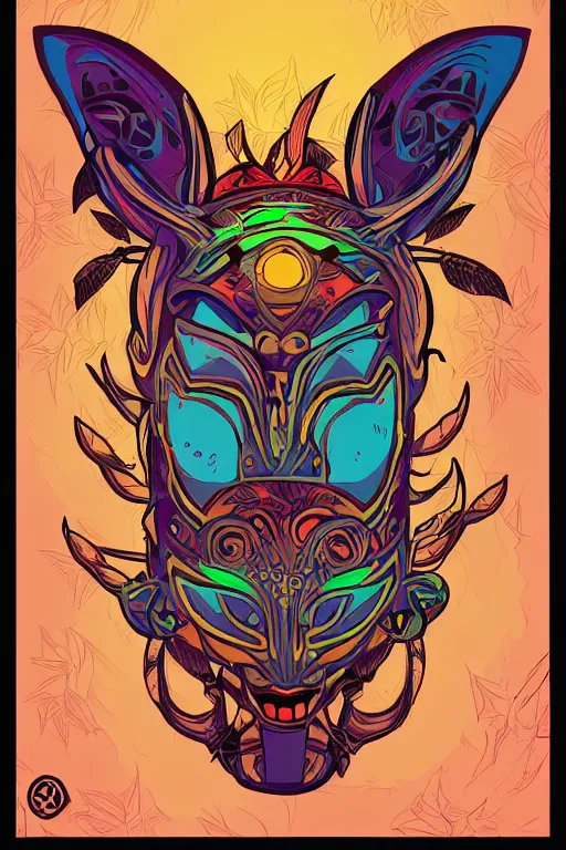 Image similar to animal mask totem roots flower tribal feather gemstone plant wood rock shaman vodoo video game vector cutout illustration vivid multicolor borderlands comics by josan gonzales and dan mumford radiating a glowing aura