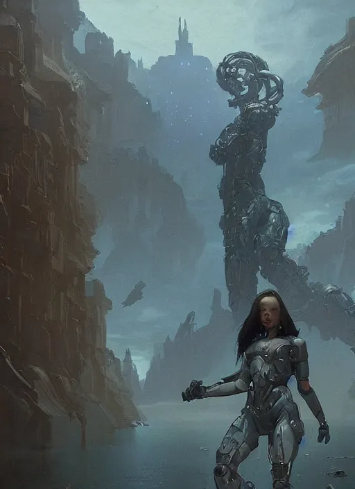 Image similar to hyper realistic painting of a panorama at dawn, with a cyber girl, zodiac, intricate detailed full body, conceptart, greg rutkowski, brom, james gurney, mignola, craig mullins, alan lee