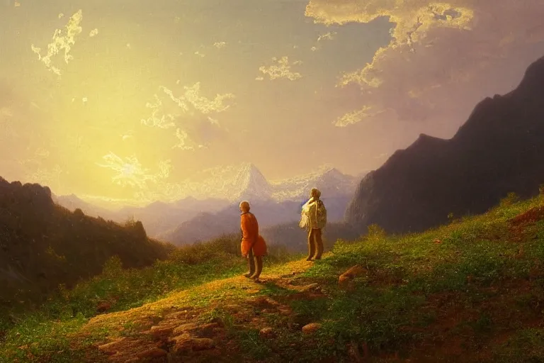 Prompt: a traveler wandering trough the mountains looking at the clouds, hyperdetailed, focused, oil painting, cinematic lighting, albert bierstadt, trending on artstation, colorful, canvas, sunset, hans dahl, theodor kittelsen, hermann hendrich, national geographic, Konstantin Yakovlevich Kryzhitsky, beautiful nature