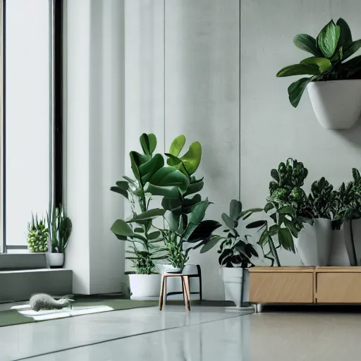 Image similar to a modern indoor room, clean architecture, some plants, peaceful, 8K octane render, a bat kitten sits there