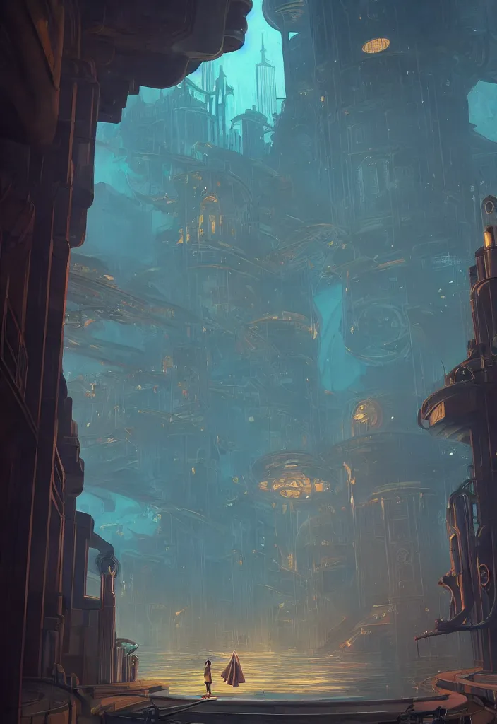 Image similar to a concept art painting of art deco bioshock style underwater city with a woman with back to camera looking out of a window by tuomas korpi, pablo carpio, gilles beloeil, cedric peyravernay, 1 9 6 0's, trending on artstation, highly detailed, atmospheric, directional lighting, cinematic