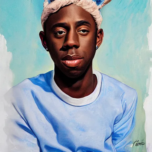 Prompt: painting portrait of tyler the creator sitting on a horse, realistic, elegant