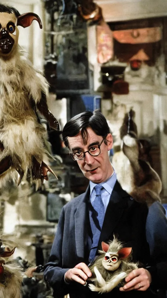 Image similar to jacob rees - mogg with mogwai from the film gremlins