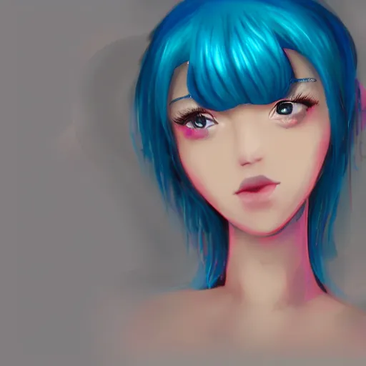 Image similar to pretty girl with blue hair, lo - fi girl, digital artist desk, hd photo of a pretty girl, trending on artstation