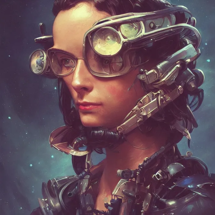 Prompt: a head and shoulders portrait of a space pirate, neon, retro, steampunk, smooth, sharp focus, intricate, artstation, detailed concept art by Caravaggio and Greg rutkowski and Sachin Teng and Thomas Kindkade and Alphonse Mucha and Norman Rockwell and Tom Bagshaw