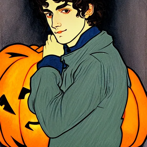 Image similar to painting of young cute handsome beautiful dark medium wavy hair man in his 2 0 s named shadow taehyung at the halloween pumpkin jack o'lantern party, melancholy, autumn colors, japan, elegant, clear, painting, stylized, delicate, soft facial features, delicate facial features, soft art, art by alphonse mucha, vincent van gogh, egon schiele