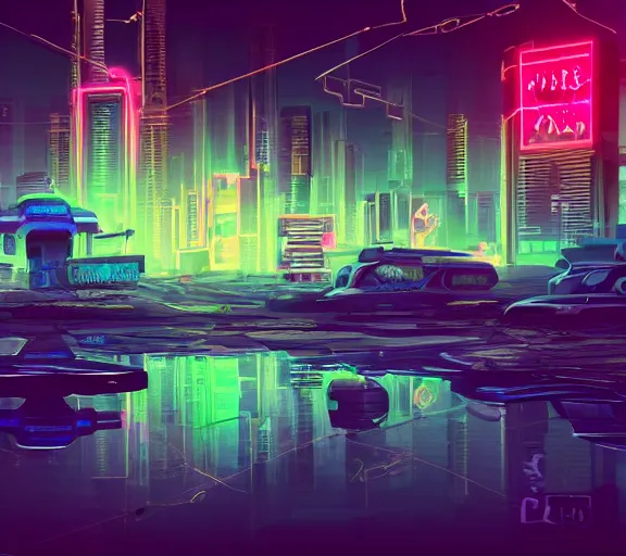 Image similar to a dreamlike cyberpunk city sit in the very far future, neon signs, shops and bars, floating buildings, glowing neons, synthwave, slightly abstract, rich deep colors, 4 k, realistic photography, flying cars in the distance, robot humanoids, anthropomorphic vehicles, fantasy setting, brilliant dreamy lighting, 8 0 s vibe, morning, blue sun