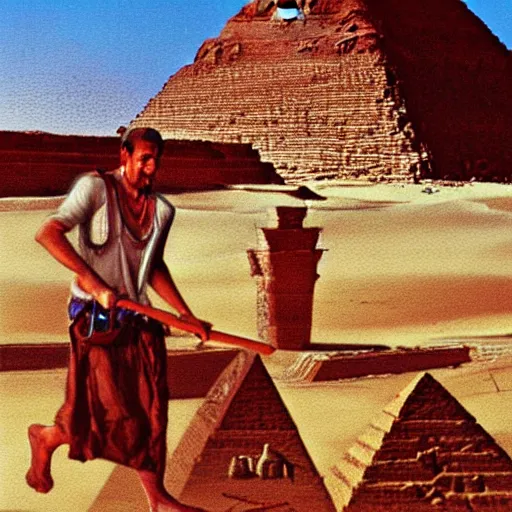 Image similar to a man cutting wood in front of egypt pyramids, painted by drew struzan