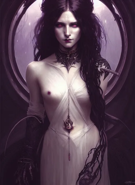 Image similar to a beautiful cinematic female Necromancer Sorceress goddess of death, fantasy magic, undercut hairstyle, dark light night, intricate, elegant, sharp focus, illustration, highly detailed, digital painting, concept art, matte, art by WLOP and Artgerm and Greg Rutkowski and Alphonse Mucha, masterpiece