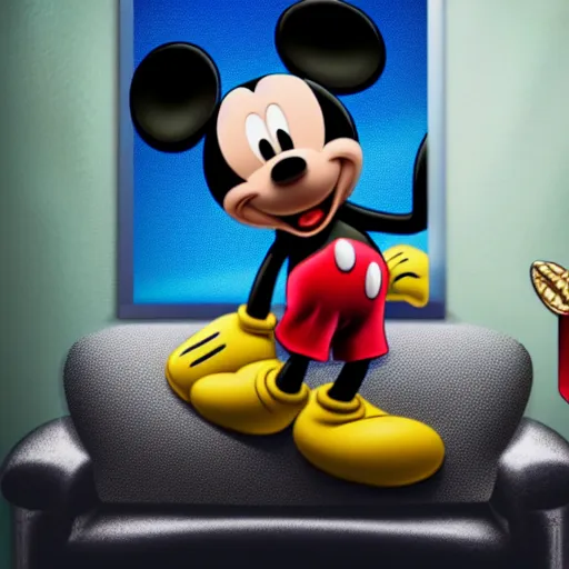 Image similar to mickey mouse holding a giant joint while sitting on a couch in a messed up apartment, stoned eyes, smoke, photorealistic, amazing detail, cinematic, award winning, sharp