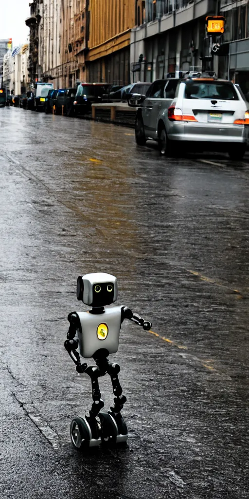 Image similar to robot on the road, city, photo, rain,