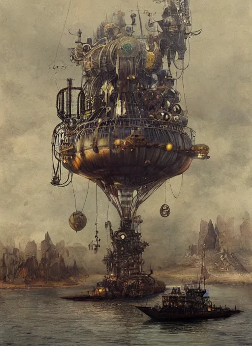 Prompt: giant floating steampunk airship, by Mikhail Vrubel, trending on artstation