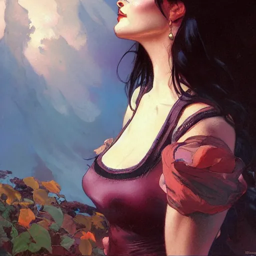 Prompt: side profile painting of Elvira mistriss of the dark character illustration by greg rutkowski, thomas kindkade, alphonse mucha, loish, norman rockwell. Trending on artstation