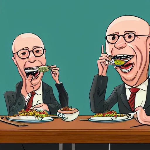 Image similar to a funny charicature of Klaus Schwab eating some bugs and worms, cartoony, highly detailed, gruwesome details, 8k