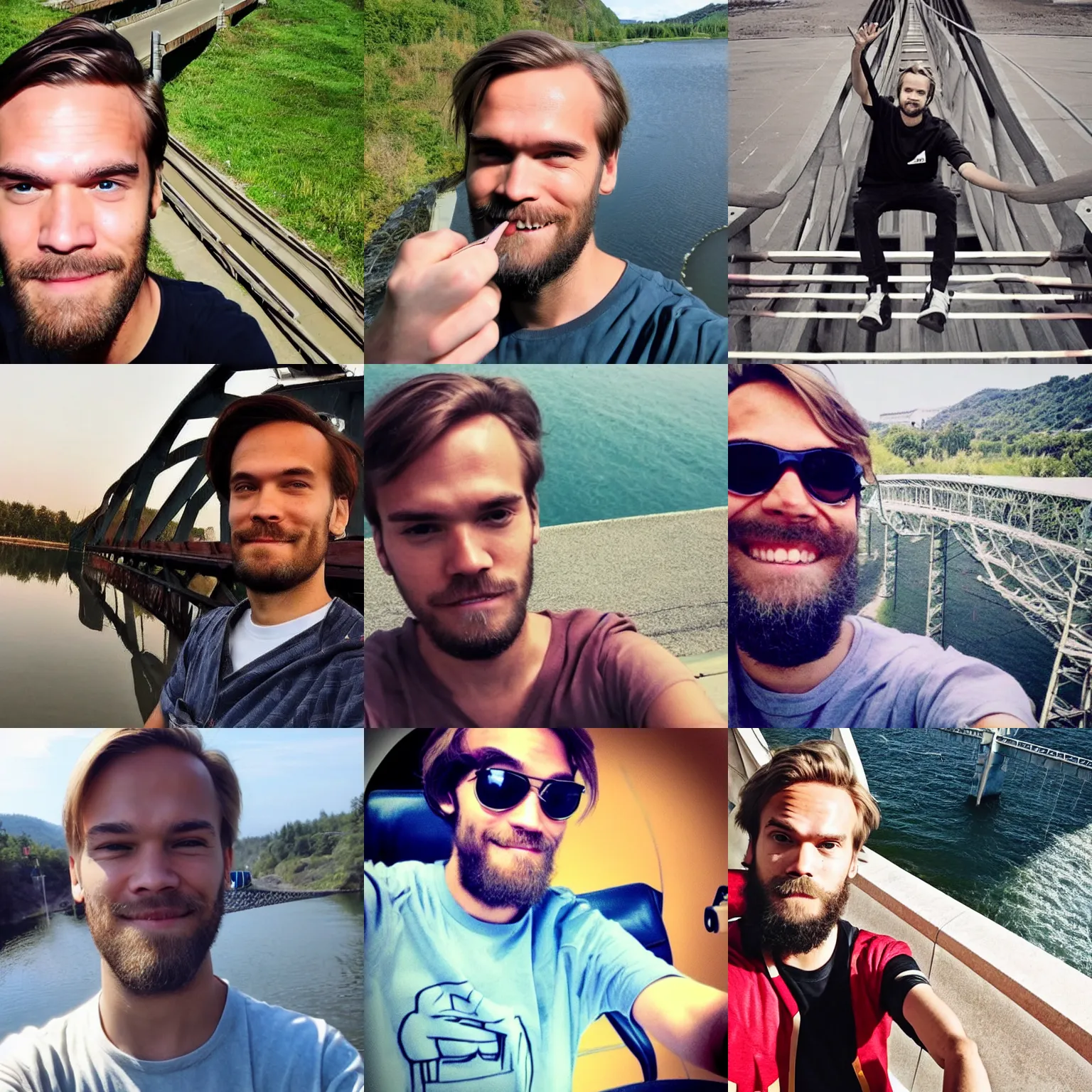 Image similar to pewdiepie selfie at a bridge