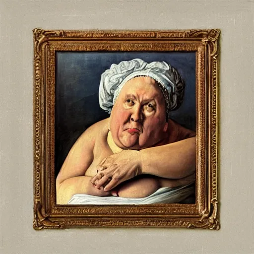Image similar to of a very funny renaissance style oil painting of a sweet fat old woman kissing herself. symmetrical face, red mouth, blue eyes. a flowered dress. a hyper - realistic scene. 3 d, octane processing, deep focus, white scene. a very funny and sweet picture. unreal engine. watercolor. fellini cinematic style. poster quality. freud painting style.