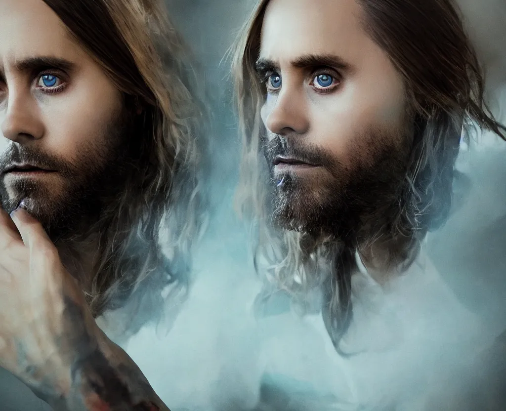 Prompt: dramatic portrait of Jared Leto, bloomed lighting, angelic, futuristic, beautiful colors, slightly golden, very sharp likeness, very detailed, chopping hands, electrical details, cinematic lighting high details, 4k, 8k, trending on artstation, ultra-realism