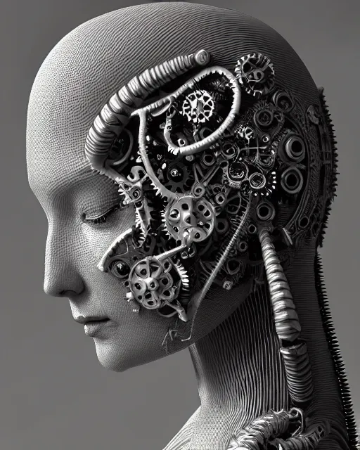 Image similar to mythical black and white organic bio-mechanical spinal ribbed profile face portrait detail of mechanical beautiful female angelic-vegetal-cyborg, highly detailed, intricate steampunk ornate, poetic, 3D render, digital art, octane render, 8K artistic photography, photo-realistic, by Dora Maar