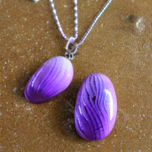 Prompt: carved seashell beads purple splotches jewelry design