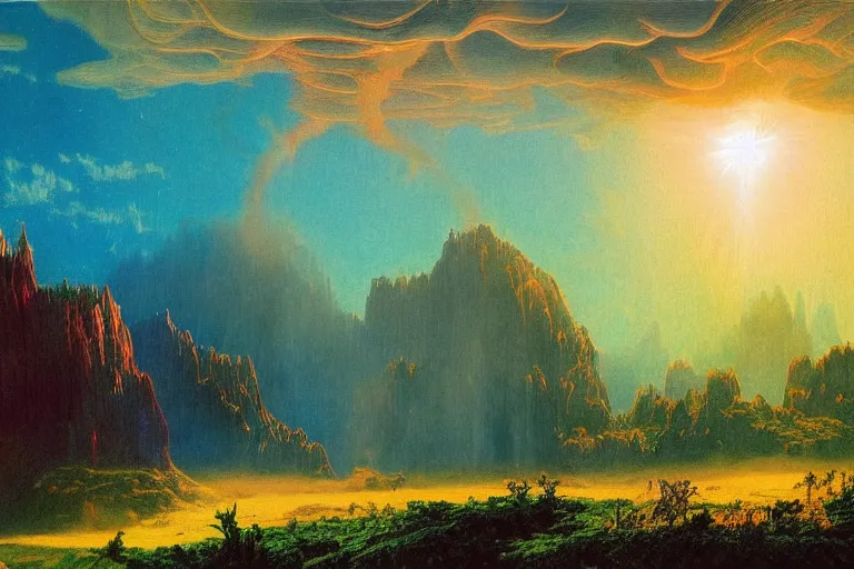 Image similar to land before time elemental rotoscoped big bang landscape in the style of dr. seuss, 2 0 0 1 a space odyssey, painting by albert bierstadt