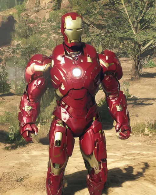 Image similar to robust and bulky iron man suit in red dead redemption 2, cinematic, photorealistic