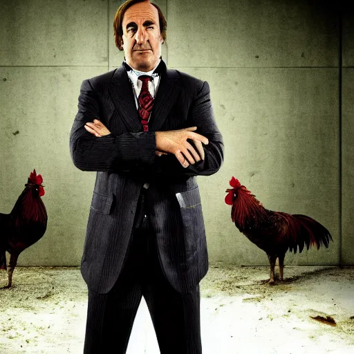 Image similar to saul goodman and a rooster in a saw movie torture chamber, saw movie jigsaw background, saul goodman, rooster, photo