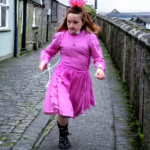 Prompt: young girl skipping rope in sligo town, ireland. pink flowers in her hair. folk horror. great detail. ravens