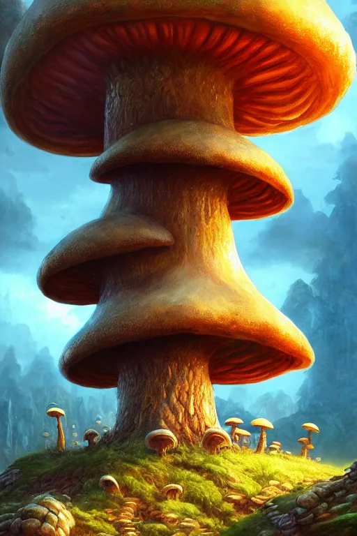 Image similar to mushroom temple, highly detailed, d & d, fantasy, highly detailed, digital painting, trending on artstation, concept art, sharp focus, illustration, global illumination, ray tracing, realistic shaded, art by artgerm and greg rutkowski and fuji choko and viktoria gavrilenko and hoang lap, sunny