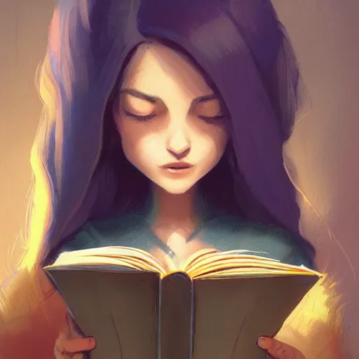 Image similar to a pixar girl reading a book, long hair flowing down, symmetrical, style of by Jordan Grimmer and greg rutkowski, crisp lines and color,