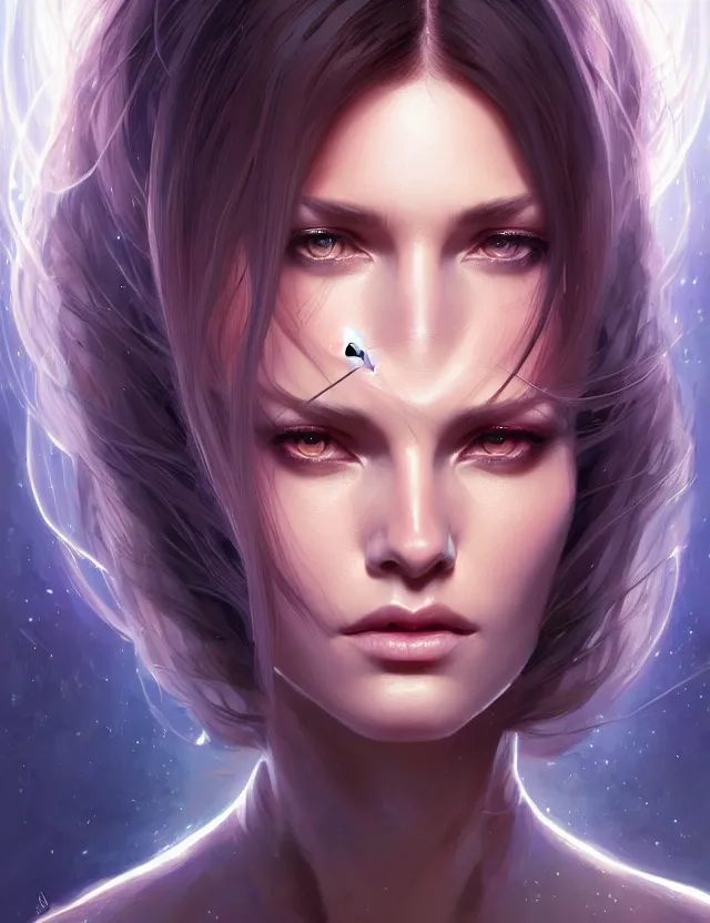 Image similar to futuristic woman portrait, sci-fi, amber eyes, face, long hair, fantasy, intricate, elegant, highly detailed, digital painting, artstation, concept art, smooth, sharp focus, illustration, art by artgerm and greg rutkowski and alphonse mucha