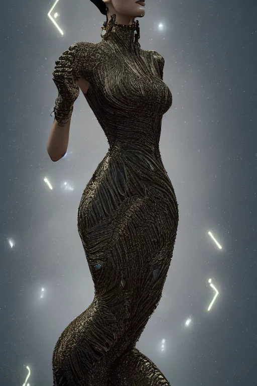 Prompt: a highly detailed 3 d render painting of a beautiful alien goddess bella hadid in iris van herpen dress schiaparelli in diamonds in style of alphonse mucha trending on artstation made in unreal engine 4