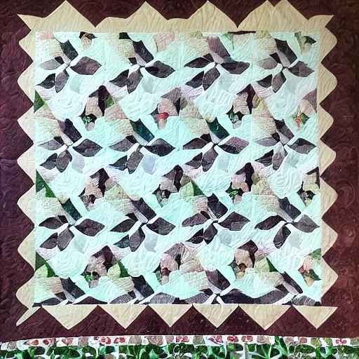 Prompt: a decorative quilt with monstera adsonii pattern, warm lighting,