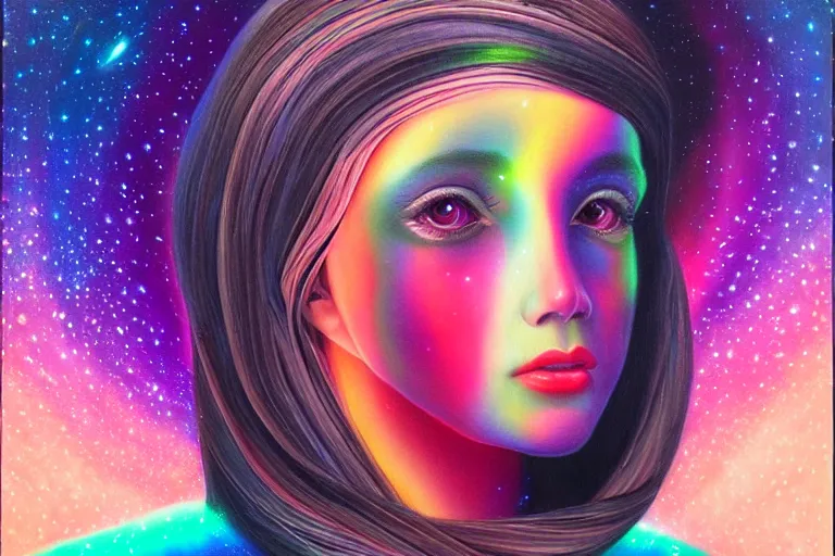 Image similar to patron saint of 🛸🌈👩🏾, futuristic iridescent clothing, wormhole, nebula, black hole, multiverse, neon god of city character portrait, in the style of margaret keane, moebius, tom bagshaw, and waterhouse, cinematic lighting, beautiful, elegant, oil painting,