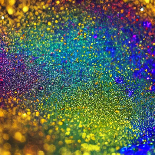 Image similar to a wet swirling mixture of gold paint and very colorful colored pigment particles glitter suspended in a turbulent liquid, captured in slow motion, crystal clear focus, macro photography lens closeup, slow-motion pour, dumpedpaint glittery, shimmering, speculars