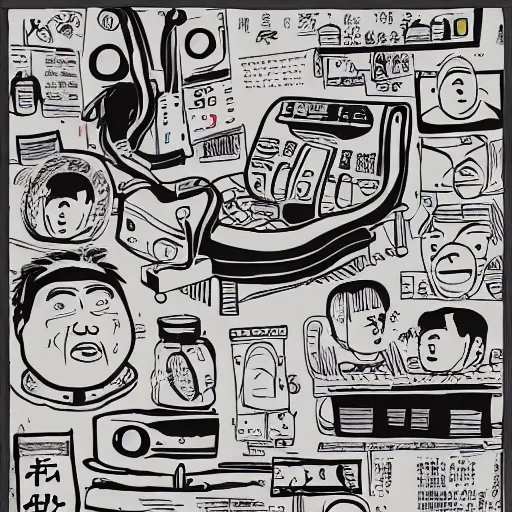 Image similar to chinese surgery operating table, in the style of daniel johnston and outsider art, 8k, line brush, overlaid with chinese adverts