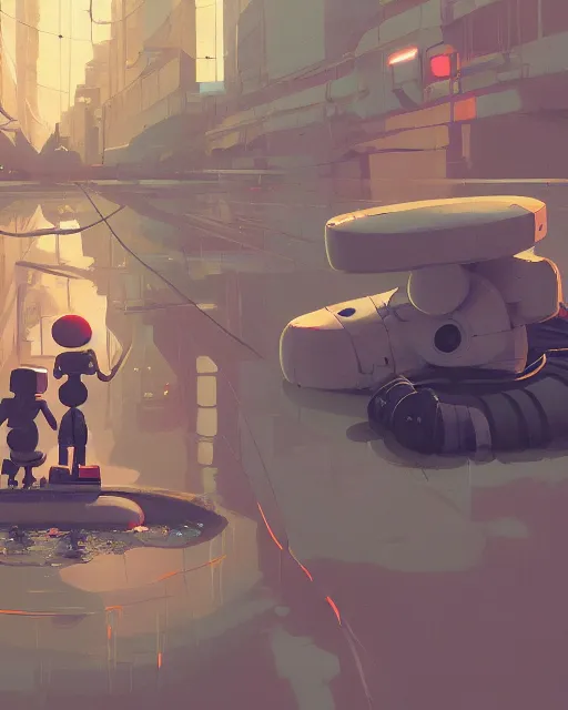 Prompt: a robot half sunken in a puddle, cory loftis, james gilleard, atey ghailan, makoto shinkai, goro fujita, character art, exquisite lighting, clear focus, very coherent, plain background, soft painting