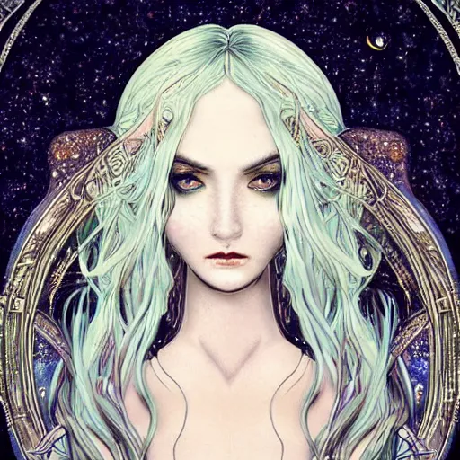 Prompt: seductive eyes, ethereal white witch girl portrait, art nouveau, fantasy, intricate designs, elegant, highly detailed, sharp focus, galaxies, female