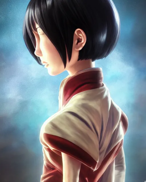 Prompt: an epic comic book style full body portrait painting of sexy feminine Mikasa Ackerman bubble head, front view, elegant, character design by Mark Ryden and Pixar and Hayao Miyazaki, unreal 5, DAZ, hyperrealistic, octane render, cosplay, RPG portrait, dynamic lighting, intricate detail, summer vibrancy, cinematic
