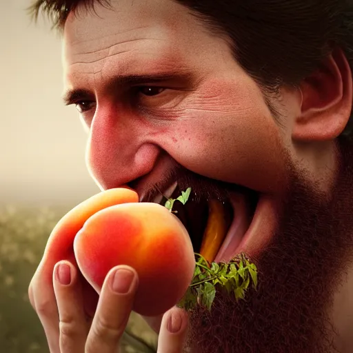 Prompt: Portrait of a feral man eating a peach, factory background, detail chewing, aesthetic, by greg rutkowski, rendered in octane