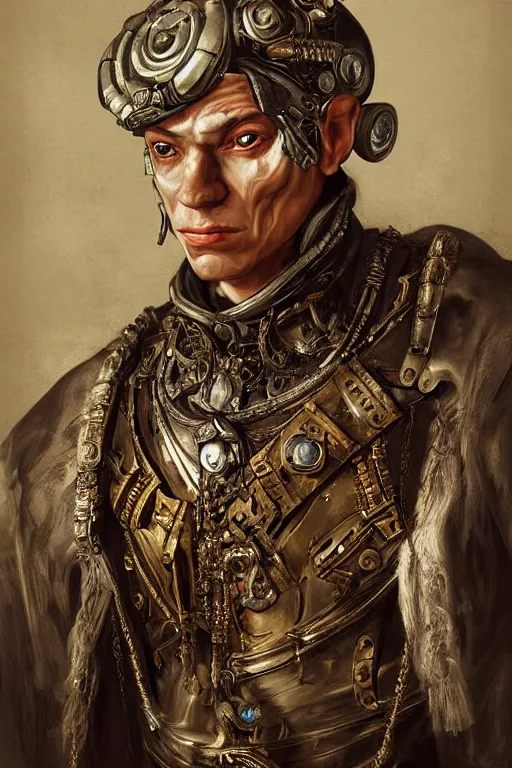 Prompt: portrait, headshot, digital painting, of a succesful 17th century cyborg merchant, baroque, ornate clothing, realistic, hyperdetailed, chiaroscuro, concept art, art by Franz Hals