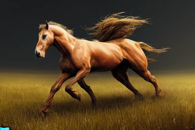 Image similar to a stunning horse, right anatomy, 4 legs, running through a meadow by greg rutkowski, high key lighting, volumetric light, digital art, highly detailed, fine detail, intricate, ornate, complex, octane render, unreal engine, photorealistic