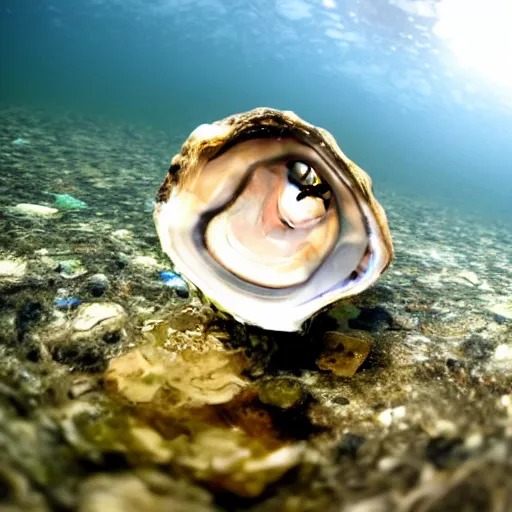 Image similar to an oyster in the water, smiling and looking up at the camera, rocks surround it in a light current of water