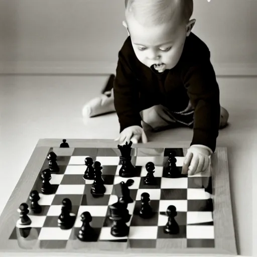 Prompt: portrait photo of a toddler looking at a chess board, confused, by annie liebovitz,
