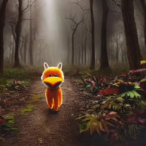 Image similar to a large fox muppet wearing a hooded cloak herding a bunch of random muppet animals following behind through a dark forest, sesame street, photograph, photography, ultrarealistic, national geographic