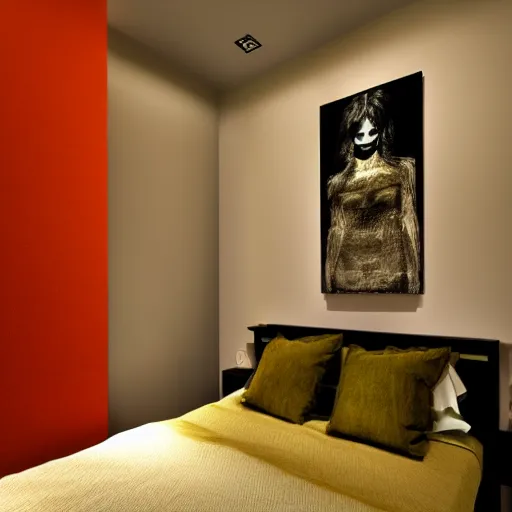 Image similar to a photo of a bedroom shot from the bathroom shot at night with art of the wall, dark and moody lighting, highly detailed