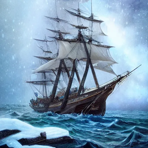 Prompt: a victorian era exploration frigate lost in the arctic in a snowstorm art by artgerm and Todd Shorr, featured on artstation